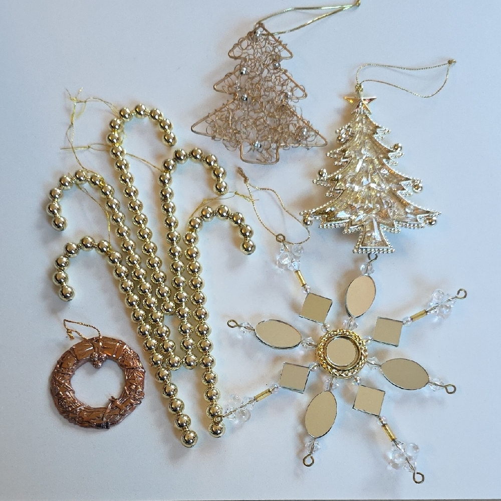 Gold Christmas Ornaments Set - Trees, Candy Canes, Wreath, Snowflake
